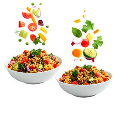 Two bowls of colorful salad with floating vegetables, set against a black background