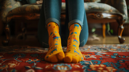 Feet of young woman in yellow socks sitting on floor. Cozy home lifestyle concept