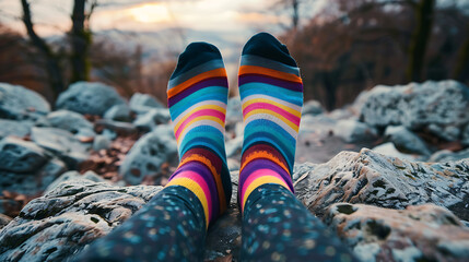 Female legs in colorful socks on the background of the sunset in the forest
