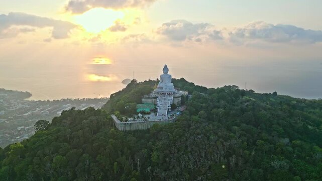 Sunset drone view of big buddha above phuket thailand