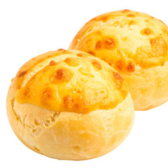 Two golden-brown cheese topped buns, soft interior. Warm lighting, isolated on transparency