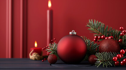Christmas decoration with red bauble and fir branches on dark wooden table