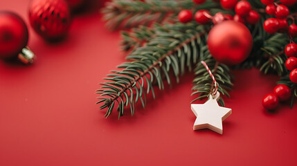 Festive Christmas composition on red background. Top view with copy space.