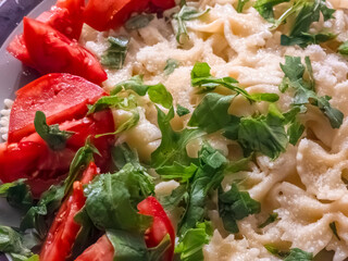 Pasta farfalle dish prepared with fresh garden tomatoes and pecorino cheese, garnished with vibrant green arugula leaves, showcasing healthy Italian home cooking