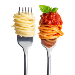 Two forks display pasta one plain, the other with sauce and basil. Black background