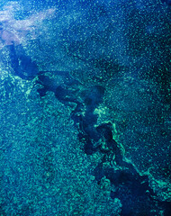 Water surface with vibrant blue green algae bloom creating an abstract background texture, showing environmental change and the natural ecosystem's delicate balance