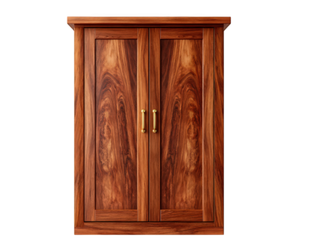 Classic wooden wardrobe with double doors and elegant handles. This home furniture cabinet for storage features rich brown wood grain, isolated on transparency background