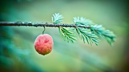 Fir tree branch with a red fruit on a blurred green background 