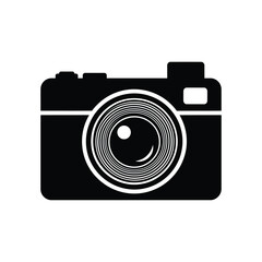 A simple black and white camera illustration with a detailed lens design on a white background silhouette