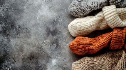 Woolen socks on grey stone background. Top view with copy space