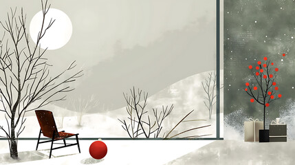 Winter landscape with chair, gift boxes, and red Christmas ball. Vector holiday illustration