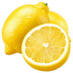 Three vibrant yellow citrus fruits, one halved revealing juicy interior, set against a dark backdrop