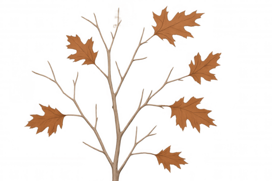Oak branch with autumn leaves on a transparent background, depicting fall nature and botanical artwork