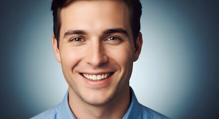 Close-up portrait of a cheerful and confident young man smiling brightly, exuding happiness and positivity against a soft gradient background, showcasing a friendly and approachable demeanor