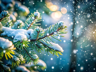 Closeup of a snowcovered pine branch with falling snowflakes and blurred warm lights