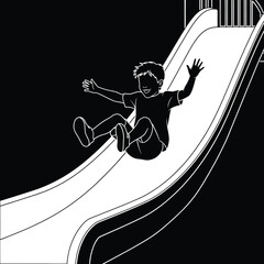 A black and white illustration of a boy sliding down a slide with his arms up in the air happy silhouette