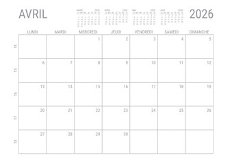 Avril 2026 Calendrier Mensual Planificateur avec Numero de Semaine à imprimer A4	