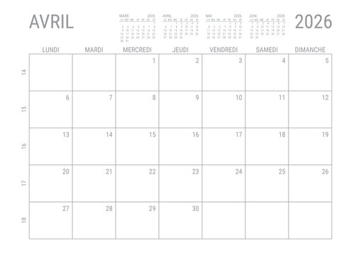 Avril 2026 Calendrier Mensual Planificateur avec Numero de Semaine &agrave; imprimer A4	