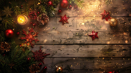 Christmas background with fir branches and festive decorations on wooden planks. Holiday concept