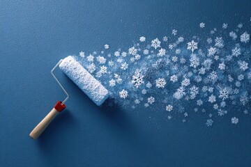 Creative paint roller splashing snowflakes against a blue wall in a cozy indoor setting