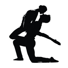 Silhouette of a male dancer supporting a female dancer in a dramatic pose against white background