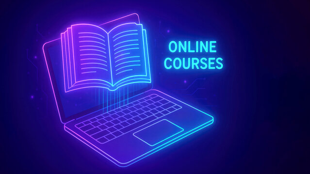 Neon outline of an open book emerging from a laptop screen with text "ONLINE COURSES" online