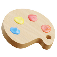 Wooden artist palette with dabs of yellow blue pink and orange paint in a 3d render with a transparent background