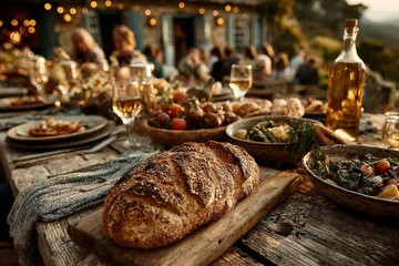 Fototapeta premium A rustic wooden table set outdoors. Generative AI