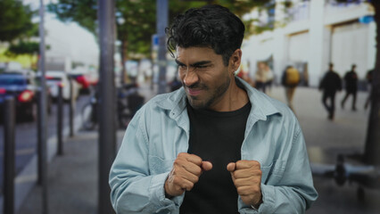 Young hispanic man wearing a light denim shirt holds hands palm forward and braces body on crowded city street with blurred passersby; caution.