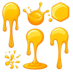 Cartoonish illustrations of different honey shapes drips, splatters, and a hexagon