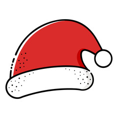 Simple cartoon illustration of a red and white santa claus hat with a fluffy trim and pom pom