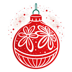 Festive red Christmas ornament with white floral patterns and decorative accents on a white background