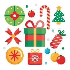 Collection of festive Christmas icons, including gifts, ornaments, candy cane wreath and tree