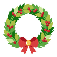 A festive Christmas wreath with green leaves, red berries, and a red bow on a white background