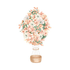 Little pink flowers on hot air balloon for baby girl Illustration. Hand painted pastel airplane in soft peach tones isolated white. Watercolor botanical drawing for nursery print or baby shower invite