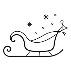Elegant minimalist line art drawing of a festive sleigh with swirling details and falling snowflakes