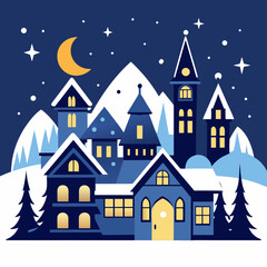 Charming winter village scene with snow-covered houses under a starry night sky and crescent moon
