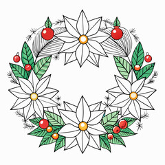 Festive Christmas wreath with white poinsettias, green leave,s red berries and pine needles