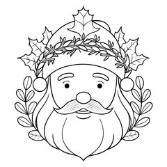 Whimsical black and white line art drawing of Santa Claus' face surrounded by holly and berries