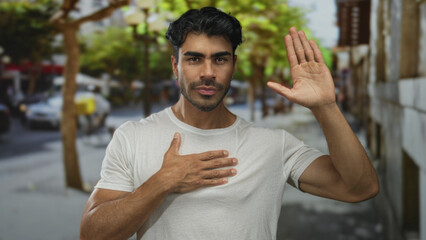 Man in white t shirt standing with hand on chest and raised palm on bustling city street during...