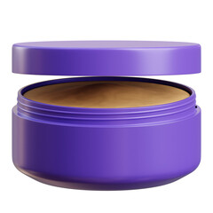 Purple Cosmetic Jar With Open Lid Revealing Brown Cream Product Against Transparent Background Studio Lighting