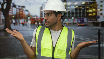 Man engineer wearing reflective vest and hardhat spreads hands to sides on urban street in city;...