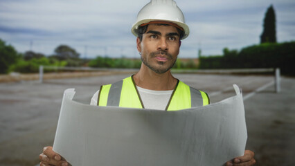 Man holds large blueprint on tenniscourt for ongoing renovation plan; strategic planning...