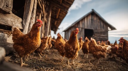 Free-range chickens exploring a rustic farmyard at sunset during the evening hours