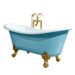 A robin's-egg blue clawfoot bathtub with brass fixtures and ornate feet on a transparent backdrop