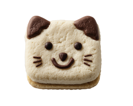 Cute cat face biscuit with chocolate detail, happy smiling cookie snack. This delicious and fun isolated dessert or sweet treat perfect single food item for kids - Powered by Adobe