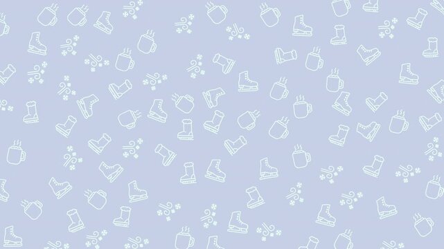 Seamless winter pattern of skates boots coffee cups and snowflakes for festive design projects, holiday cards, and cozy decorations.
