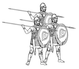 Egyptian Ptolemaic warriors on the attack. Ancient warriors. Historical drawing.