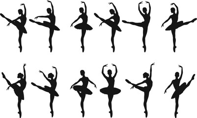 Elegant ballet dancer silhouettes in classical poses, pirouettes, arabesques, and attitudes for dance-themed vector design and educational use. © MdMeherul