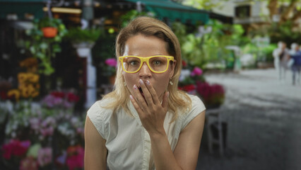 Woman with yellow glasses covers mouth with hand while standing on street sidewalk near colorful...